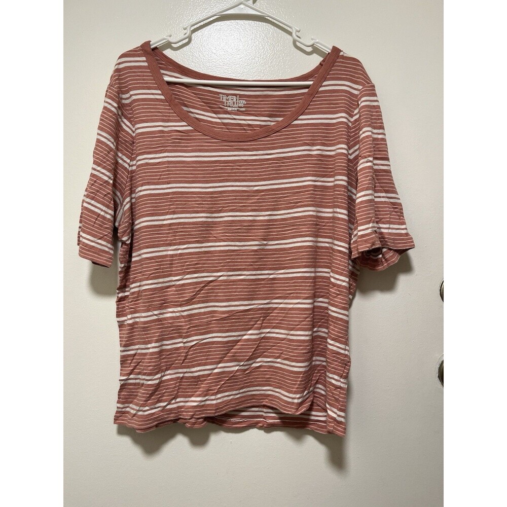 Time N tru women’s Low Neck Striped Shirt 2XL Peach Coral Short Sleeve - Picture 2 of 3